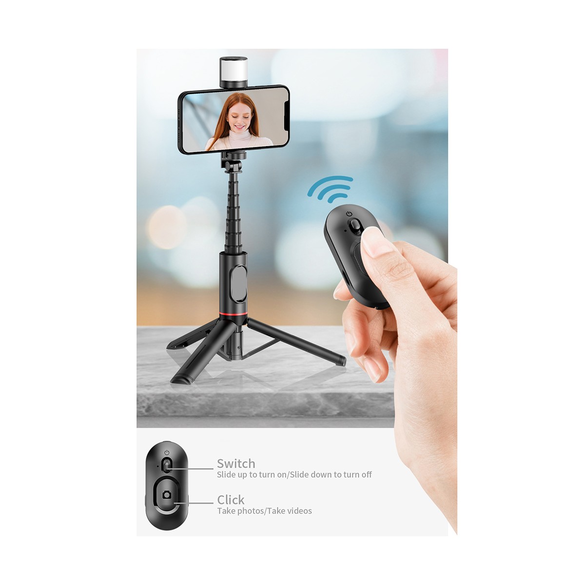 Techsuit - Selfie Stick (Q12S) - Télécommande Bluetooth et support pour trépied - Noir