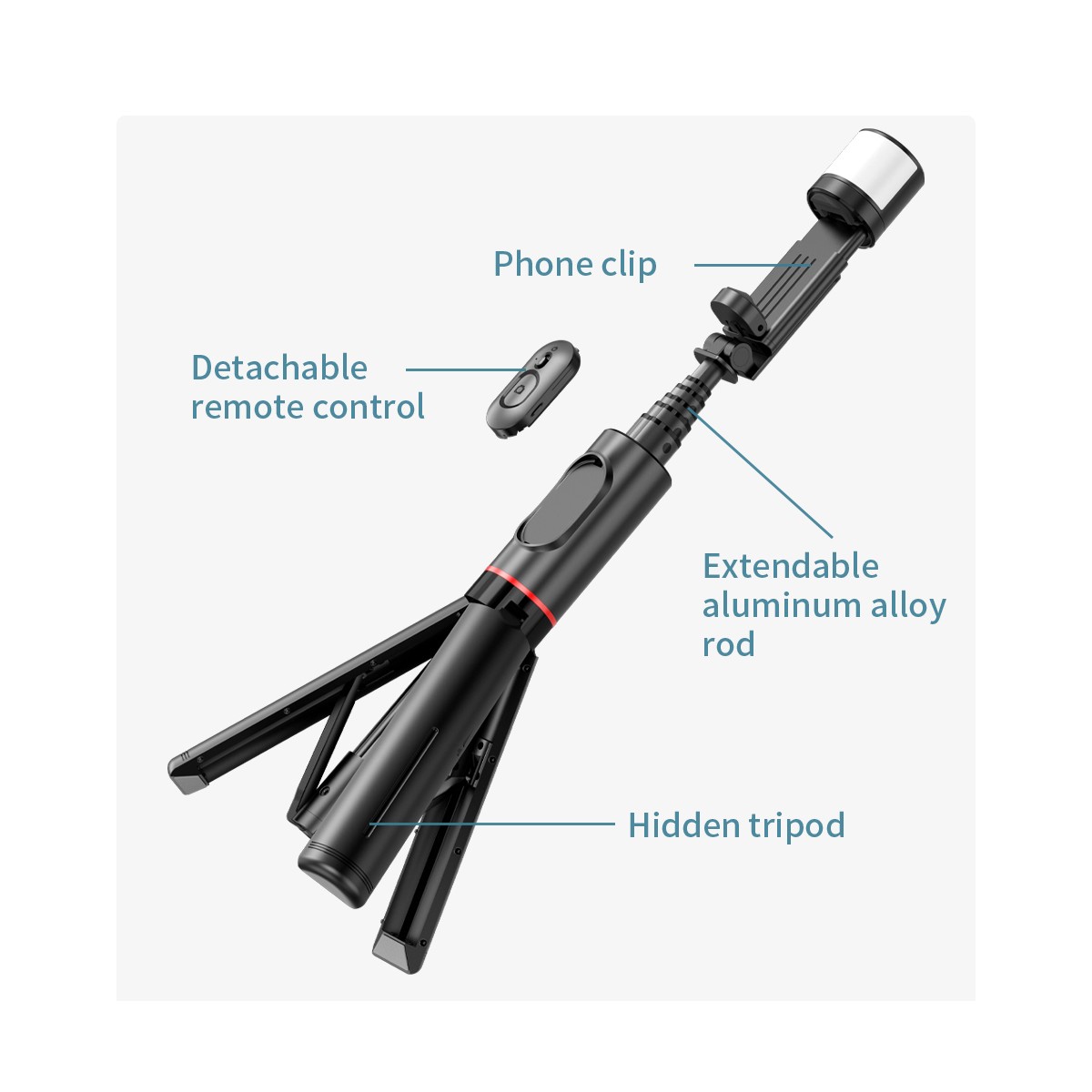 Techsuit - Selfie Stick (Q12S) - Télécommande Bluetooth et support pour trépied - Noir