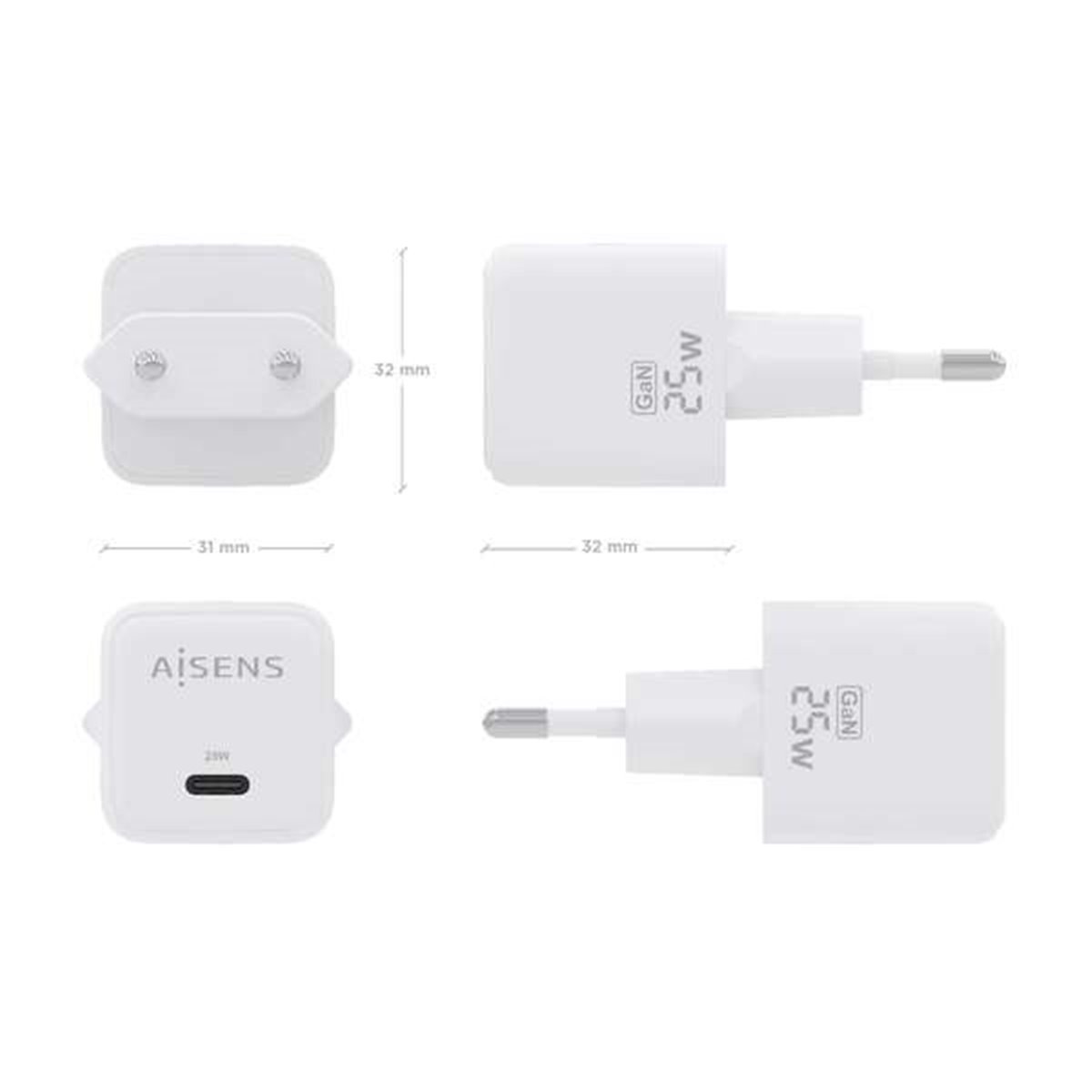 Aisens Chargeur Gan 25W - 1xUSB-C PD3.0 QC4.0 - Couleur Blanc