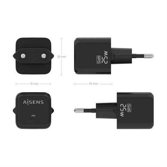 Aisens Chargeur Gan 25W - 1xUSB-C PD3.0 QC4.0 - Couleur Noir