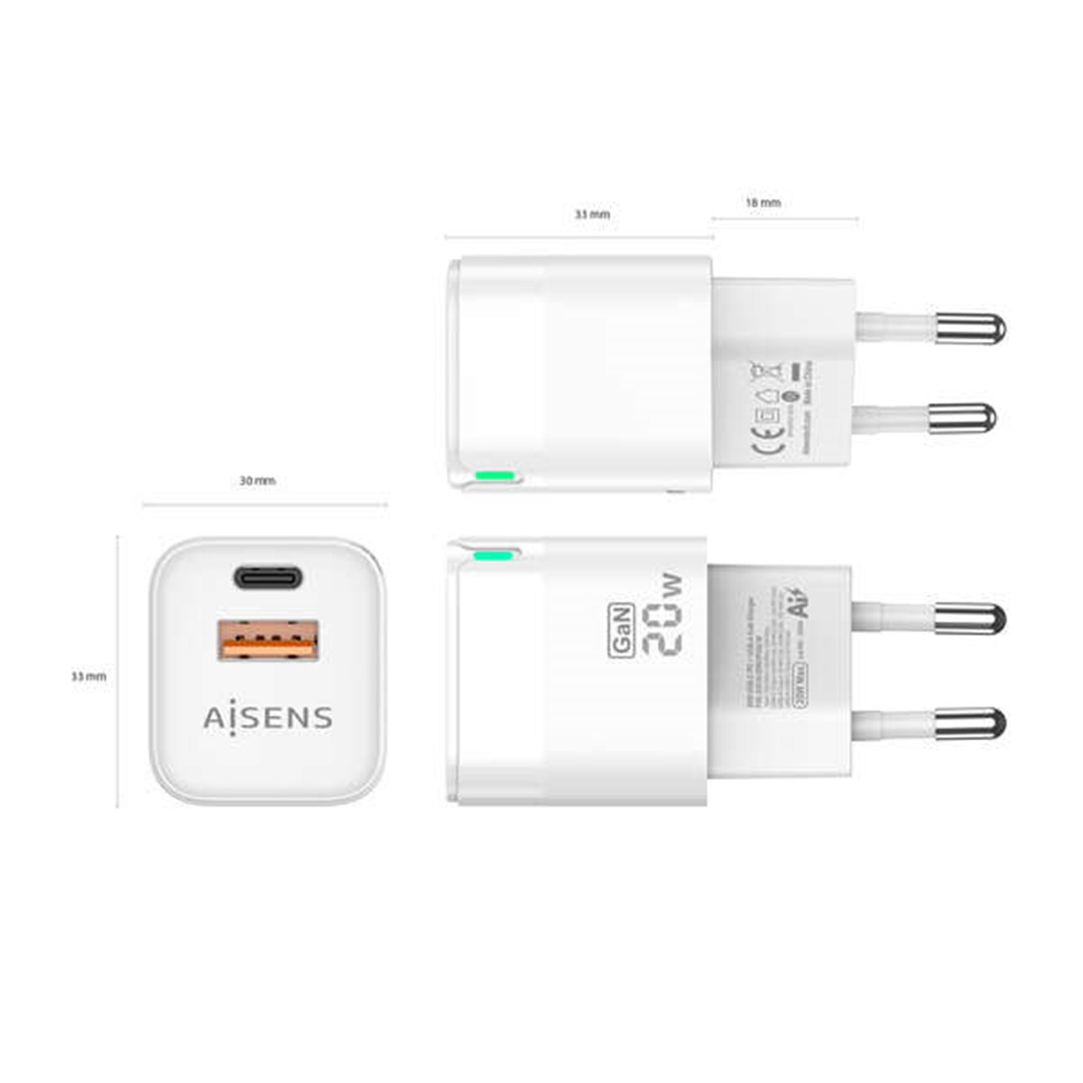 Chargeur Aisens GAN 20W - 1xUSB-C PD3.0 QC4.0 - 1xUSB-A QC3.0 - Blanc