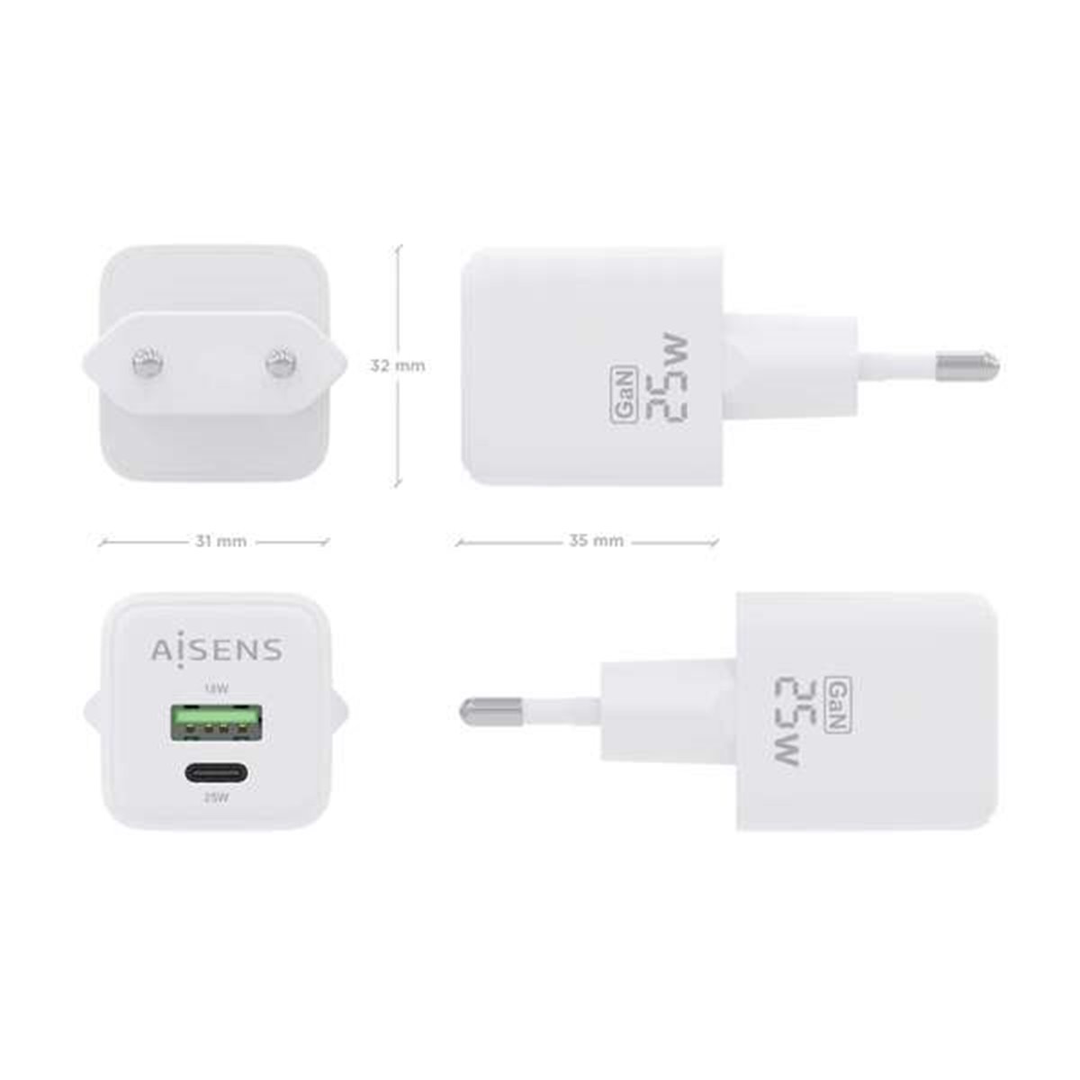 Aisens Chargeur Gan 25W - 1xUSB-C PD3.0 QC4.0 - 1xUSB-A QC3.0 - Blanc