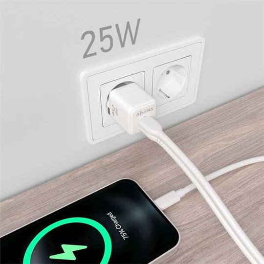 Aisens Chargeur Gan 25W - 1xUSB-C PD3.0 QC4.0 - 1xUSB-A QC3.0 - Blanc