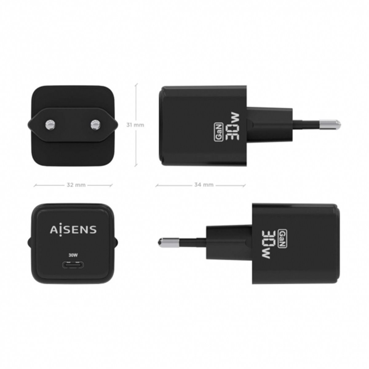 Aisens Gan USB-C Chargeur 30W - Noir