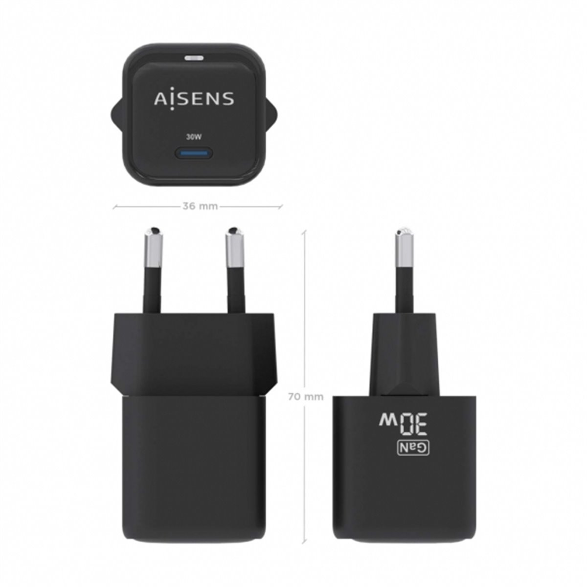 Aisens Gan USB-C Chargeur 30W - Haute efficacité énergétique - Noir