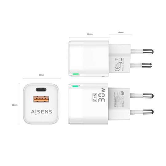 Chargeur Aisens GAN 30W - 1xUSB-C PD3.0 QC4.0 - 1xUSB-A QC3.0 - Couleur Blanc