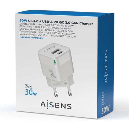 Chargeur Aisens GAN 30W - 1xUSB-C PD3.0 QC4.0 - 1xUSB-A QC3.0 - Couleur Blanc