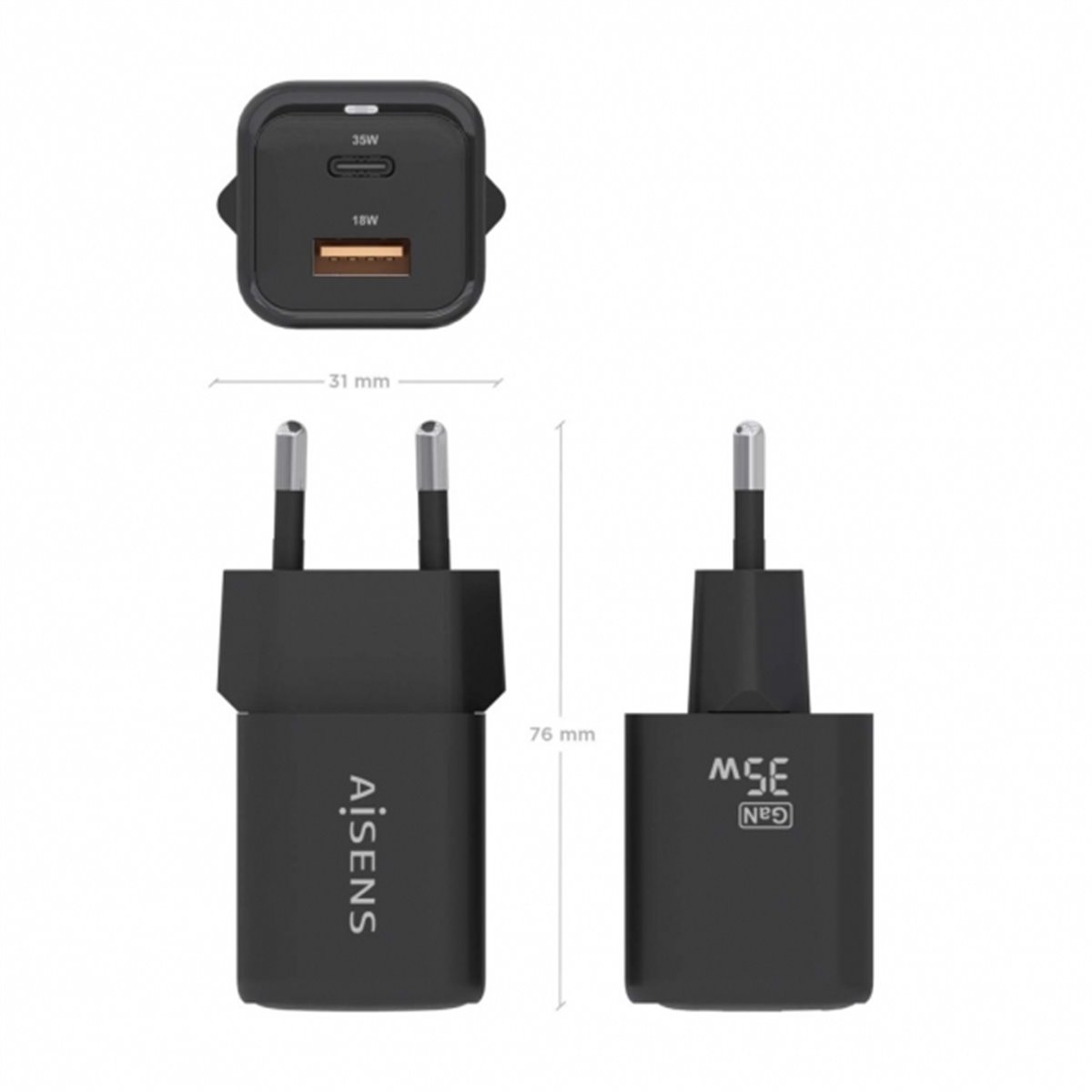 Chargeur Aisens Gan USB-C 35W - Haute efficacité énergétique  - Couleur Noir