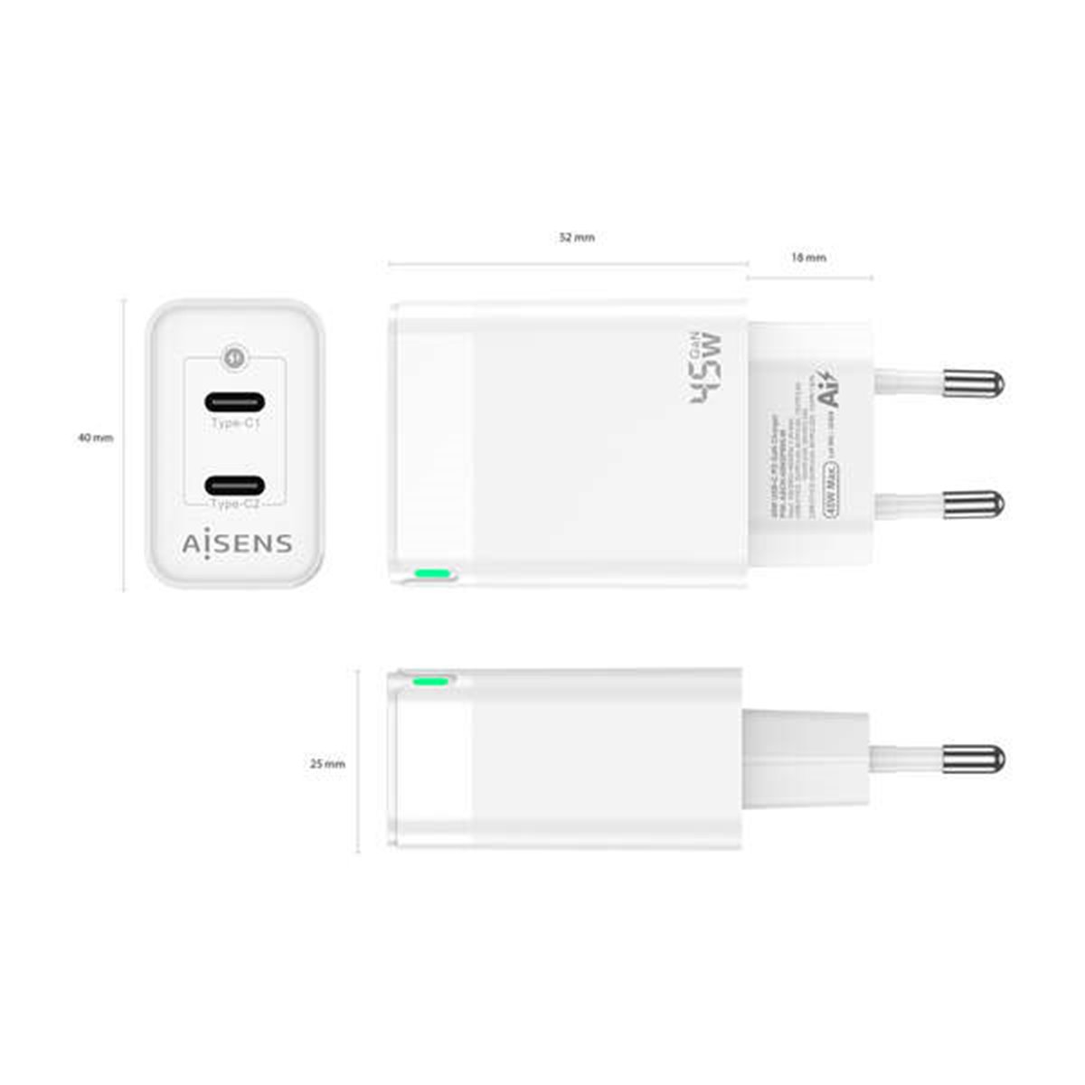 Chargeur Aisens GAN 45W - 2xUSB-C PD3.0 QC4.0 - Couleur Blanc 