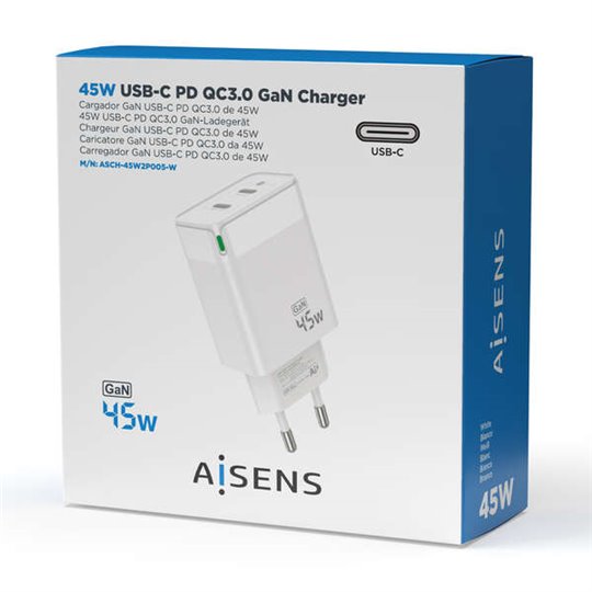 Chargeur Aisens GAN 45W - 2xUSB-C PD3.0 QC4.0 - Couleur Blanc 