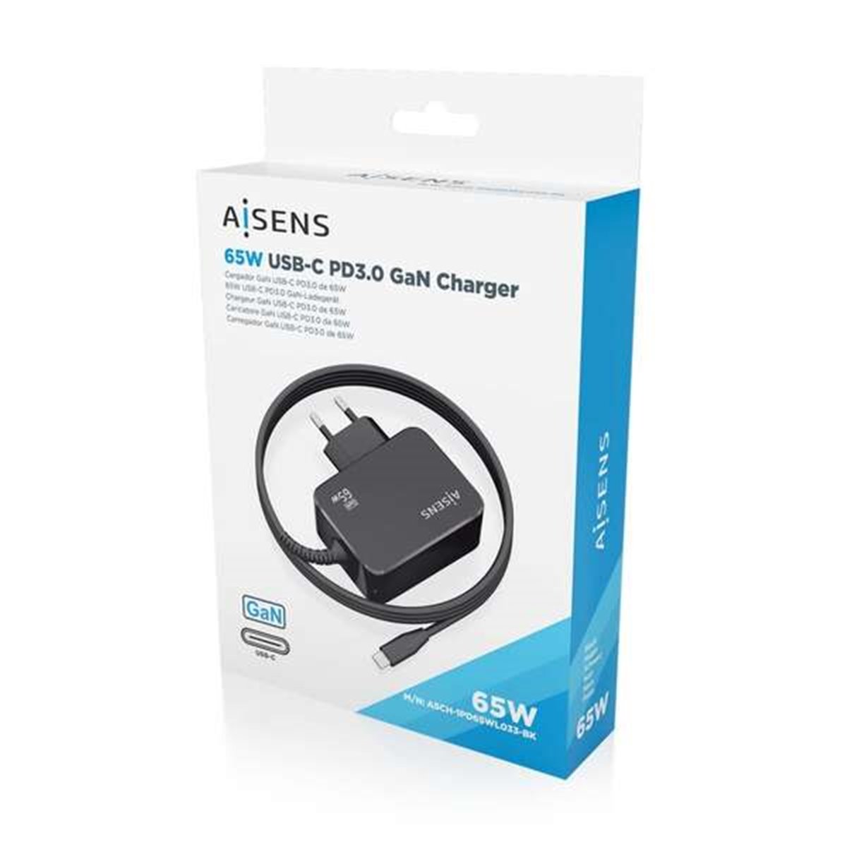 Aisens Chargeur GAN 65W PD3.0 1xUSB-C 1,8m - Couleur Noir