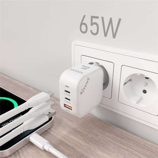 Chargeur Aisens GAN 65W - 2xUSB-C PD3.0 QC4.0 - 1xUSB-A QC3.0 - Couleur Blanc