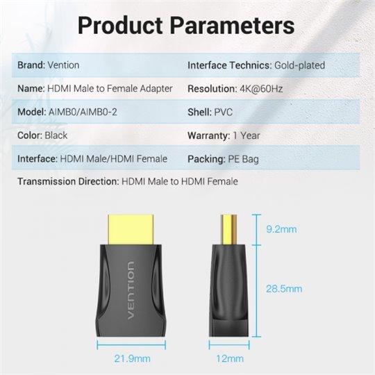 Adaptateur HDMI mâle vers HDMI femelle 4K Vention - Noir