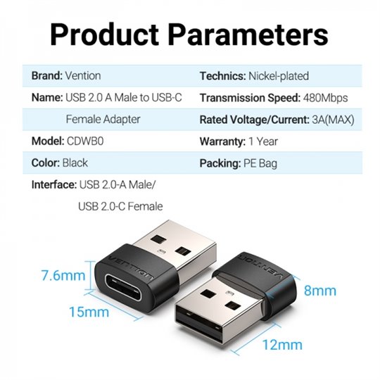 Adaptateur USB 2.0 USB-C mâle vers USB femelle Vention - Noir