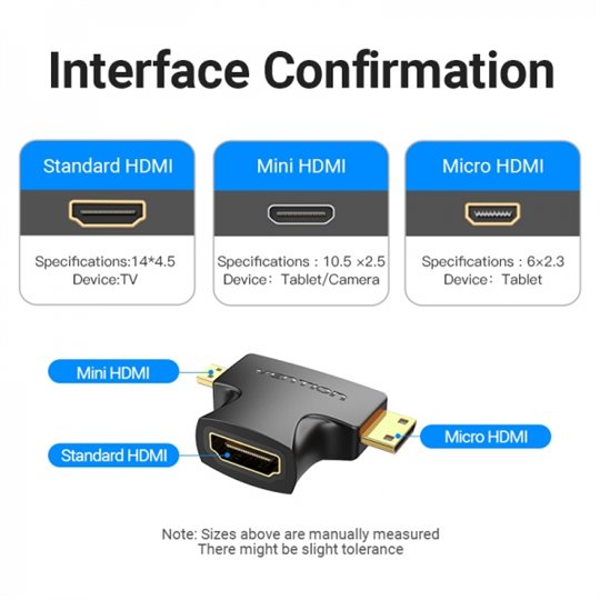 Adaptateur Convention HDMI Femelle vers Micro HDMI Mâle - Mini HDMI Mâle - Couleur Noir