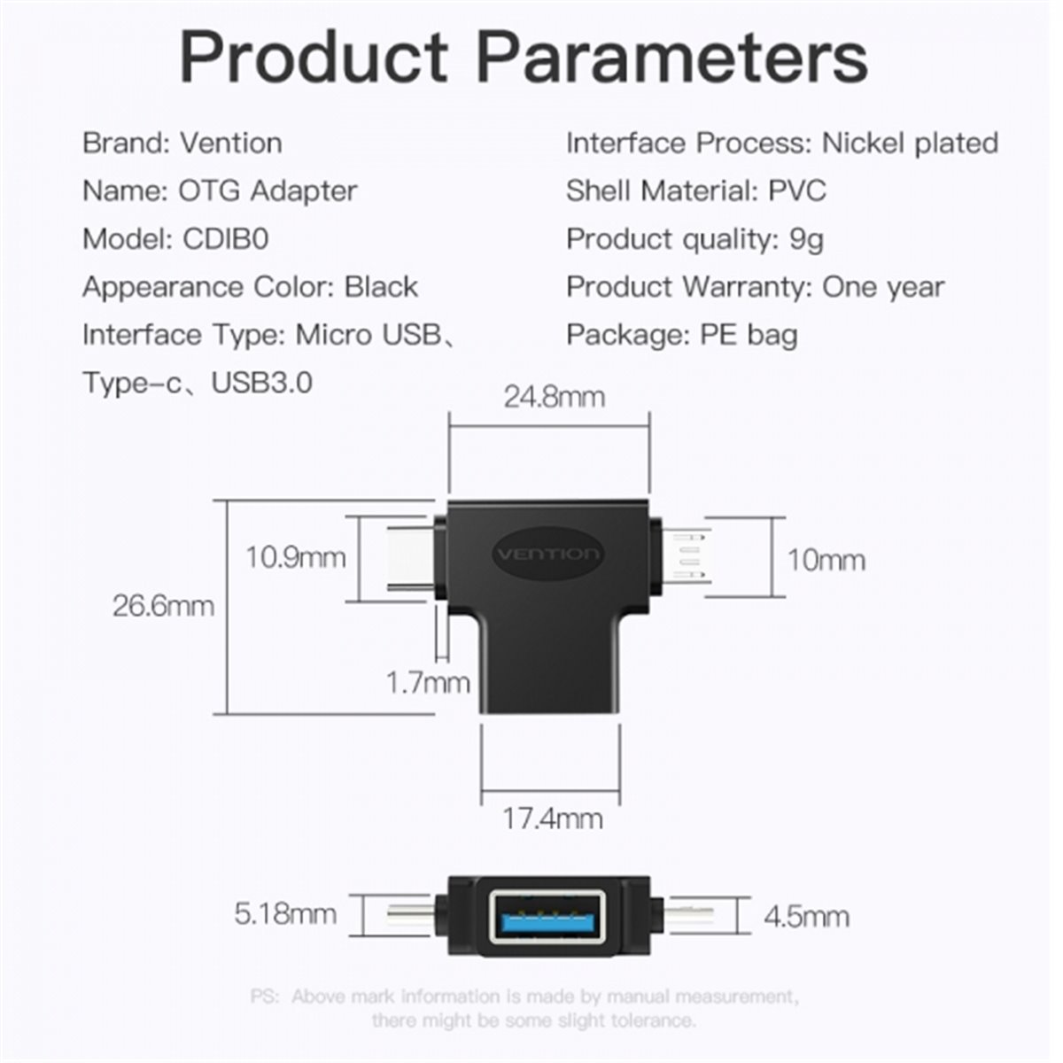 Adaptateur USB 3.0 USB-C mâle vers MicroUSB mâle Vention - Noir