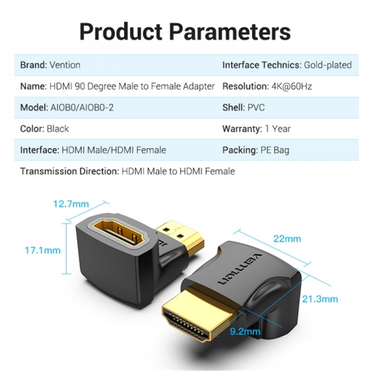 Vention Pack de 2 Adaptateurs HDMI Mâle vers HDMI Femelle 4K 90º - Couleur Noir