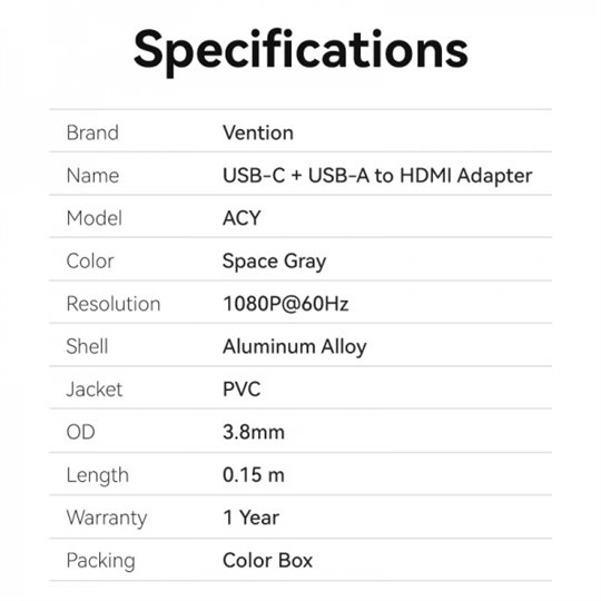 Adaptateur USB Type-C mâle vers USB mâle/HDMI femelle Vention - Gris