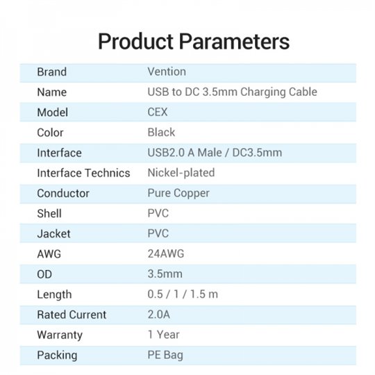 Convertisseur USB mâle vers DC 3,5 mm mâle Vention - 1 m - Couleur noire