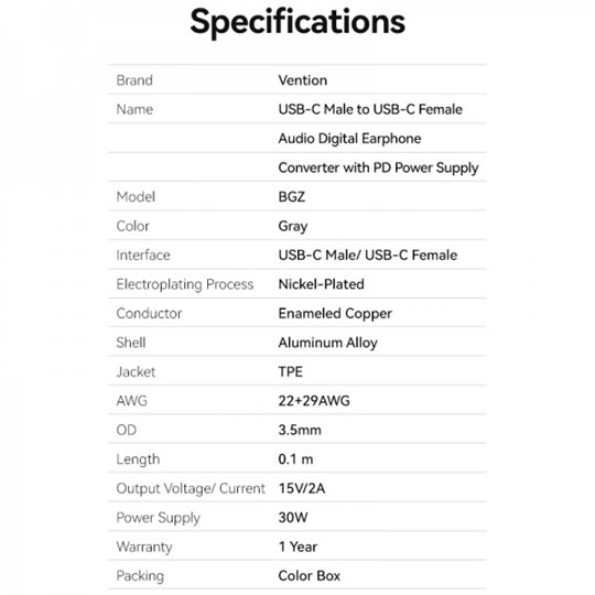 Convertisseur USB-C mâle vers 2x USB-C femelle Vention (audio et chargement) - Couleur grise