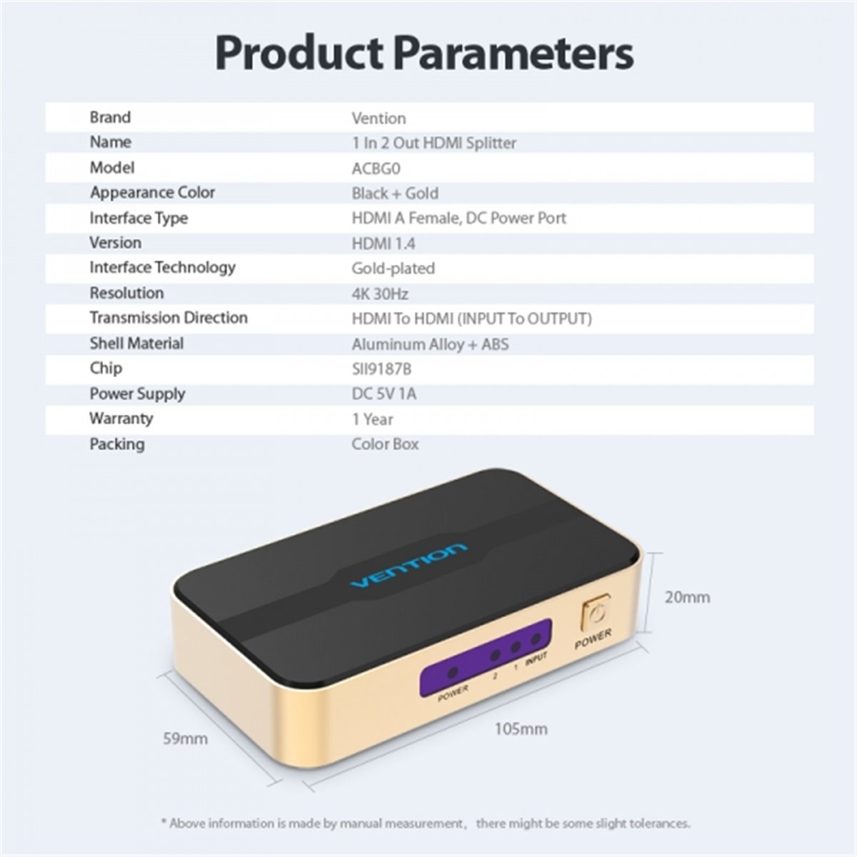 Duplicateur HDMI mâle vers 2xHDMI femelle Vention - Couleur or