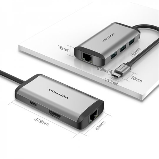 Station d'accueil Vention 6 en 1 USB-C vers HDMI 4K/3xUSB3.0/RJ45/PD87W - 0,15m - Couleur Gris