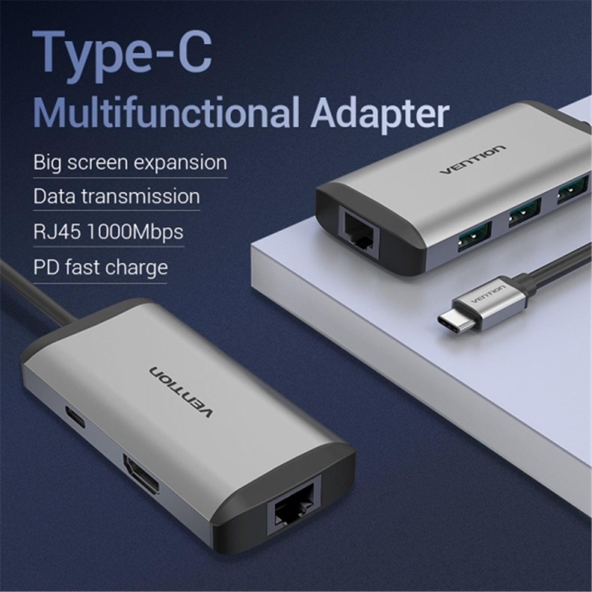 Station d'accueil Vention 6 en 1 USB-C vers HDMI 4K/3xUSB3.0/RJ45/PD87W - 0,15m - Couleur Gris