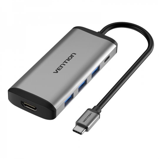 Station d'accueil Vention 5 en 1 USB-C vers HDMI 4K/3xUSB3.0/PD100W - 0,15m - Couleur Gris