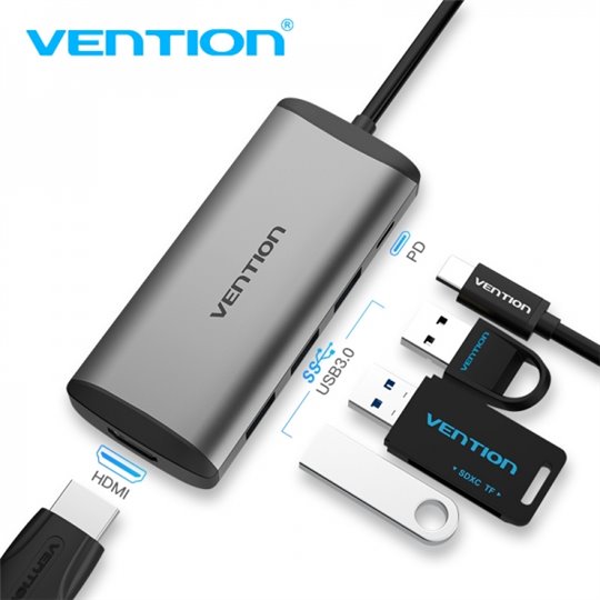 Station d'accueil Vention 5 en 1 USB-C vers HDMI 4K/3xUSB3.0/PD100W - 0,15m - Couleur Gris