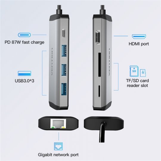 Vention Station d'accueil 7 en 1 USB-C vers HDMI 4K/3xUSB3.0/RJ45/SD/TF Reader/PD87W - 0,15m - Couleur Gris