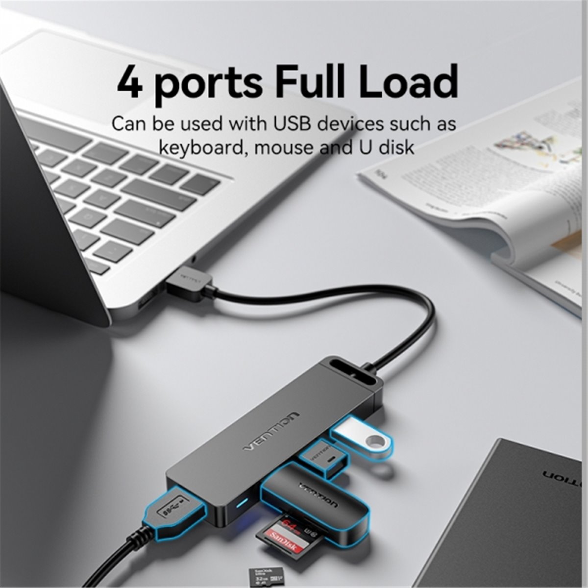 Vention HUB 4 en 1 USB 3.0 vers 4xUSB3.0/MicroUSB/PD - 0,5m - Noir