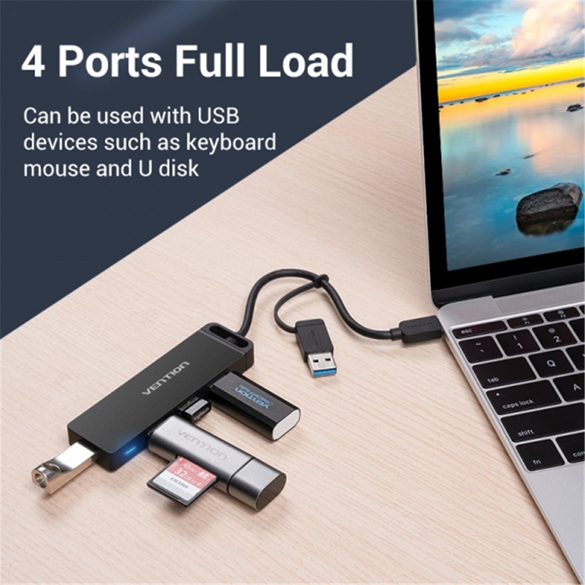 Vention HUB 5 en 1 USB 3.0 et USB-C vers 4xUSB/USB-C PD - 0,15m - Couleur Noir