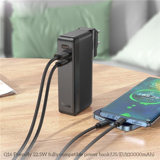 Hoco - Power Bank compatible avec prise US/EU (Q16) - USB, Type-C, 22,5 W, 10 000 mAh - Noir