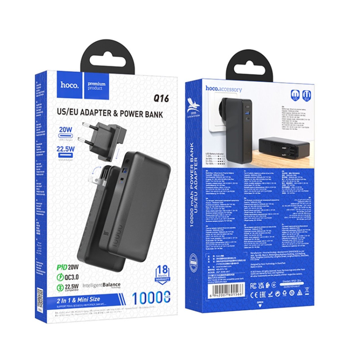 Hoco - Power Bank compatible avec prise US/EU (Q16) - USB, Type-C, 22,5 W, 10 000 mAh - Noir