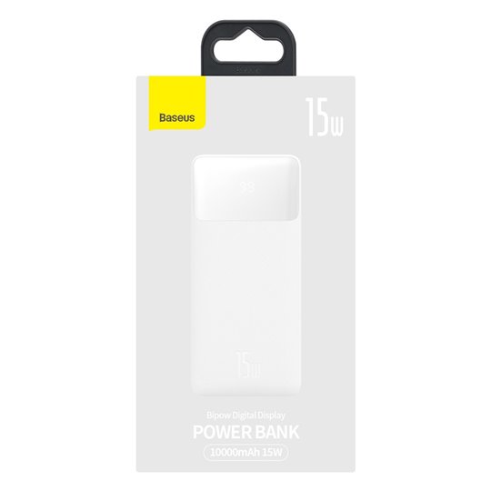 Baseus - Power Bank Bipow (PPBD050002) - Affichage numérique 2xUSB QC3.0, USB-C 10000mAh 15W + Câble Micro-USB 0.25m - Blanc