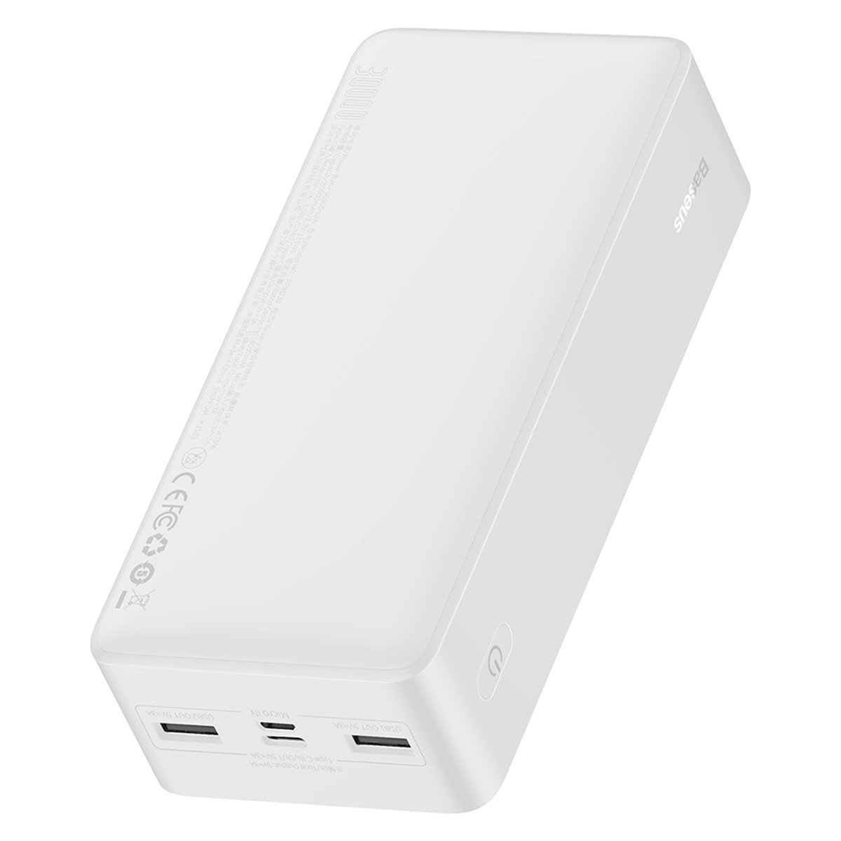 Baseus - Power Bank Bipow (PPBD050202) - Affichage numérique 2xUSB, USB-C, Micro-USB 30000mAh 15W + Câble Micro-USB 0.25m - Blan