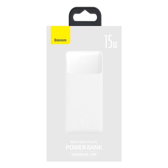 Baseus - Power Bank Bipow (PPBD050202) - Affichage numérique 2xUSB, USB-C, Micro-USB 30000mAh 15W + Câble Micro-USB 0.25m - Blan