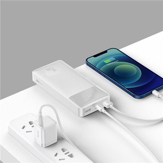 Baseus - Power Bank Bipow (PPBD050102) - Affichage numérique 2xUSB QC3.0, USB-C 20000mAh 15W + Câble Micro-USB 0.25m - Blanc