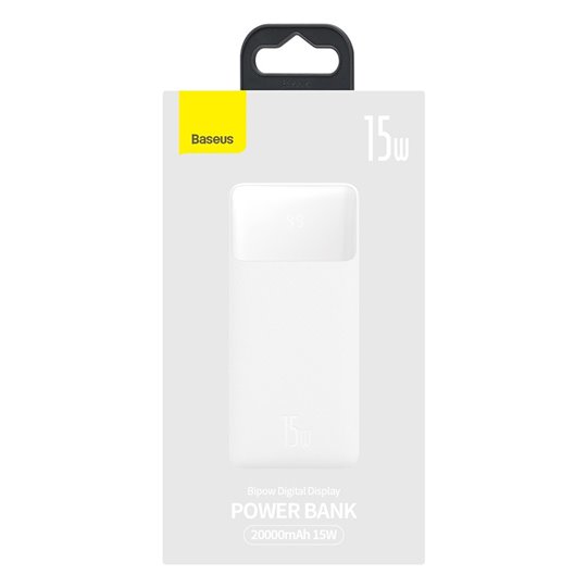 Baseus - Power Bank Bipow (PPBD050102) - Affichage numérique 2xUSB QC3.0, USB-C 20000mAh 15W + Câble Micro-USB 0.25m - Blanc