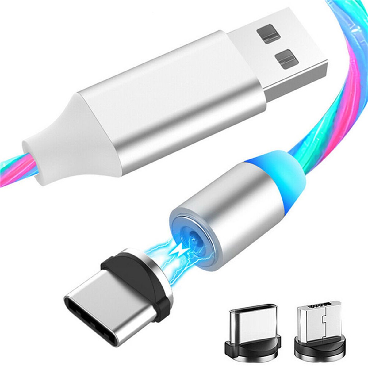 Techsuit - Câble de charge 3 en 1 LED Flowing Magnetic - USB vers Type-C, Micro USB, Lightning, 1 m - Blanc