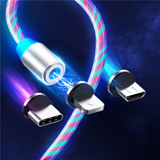 Techsuit - Câble de charge 3 en 1 LED Flowing Magnetic - USB vers Type-C, Micro USB, Lightning, 1 m - Blanc