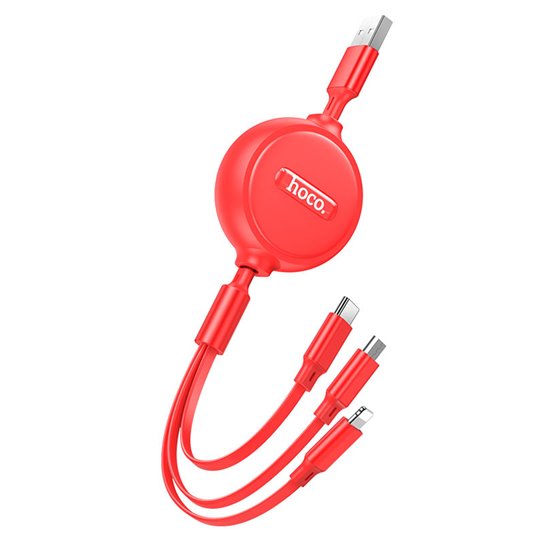 Hoco - Câble de données double tirage (X75) - 3 en 1 USB-A vers Type-C, Lightning, Micro-USB, rétractable, 2 A, 1 m - Rouge