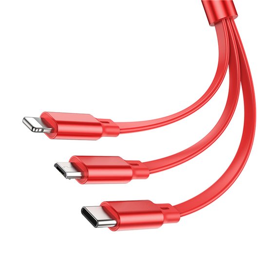 Hoco - Câble de données double tirage (X75) - 3 en 1 USB-A vers Type-C, Lightning, Micro-USB, rétractable, 2 A, 1 m - Rouge