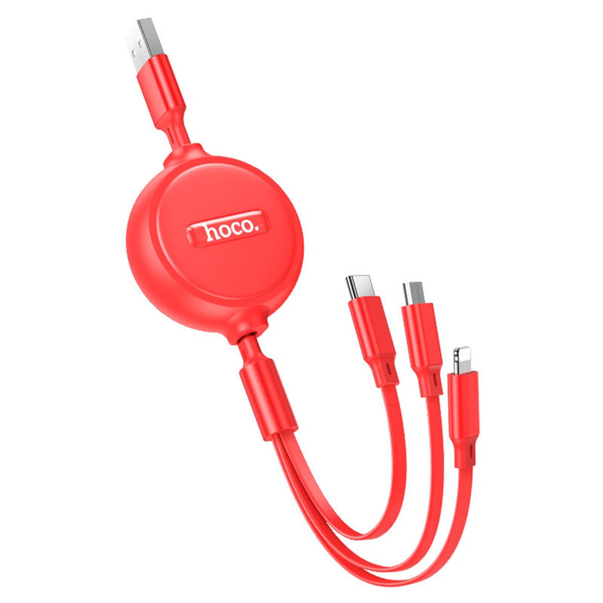 Hoco - Câble de données double tirage (X75) - 3 en 1 USB-A vers Type-C, Lightning, Micro-USB, rétractable, 2 A, 1 m - Rouge