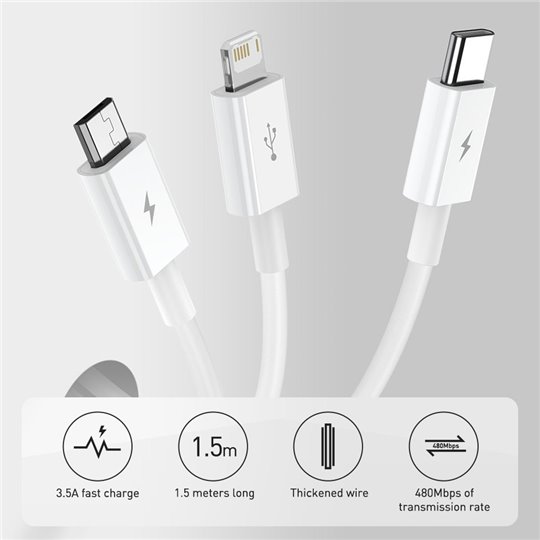 Baseus - Câble de données série supérieure (CAMLTYS-03) - USB vers Type-C, Micro-USB, Lightning, charge rapide 3,5 A, 1,5 m - Bl