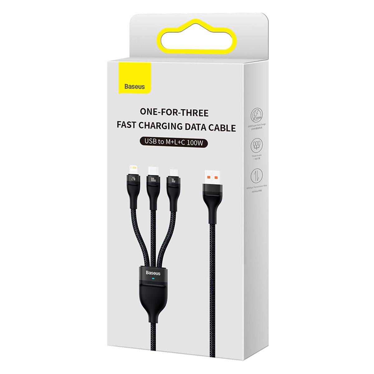 Baseus - Câble de données Flash Series 2 (CASS030001) - Charge rapide, USB vers Type-C, Lightning, Micro-USB, 100 W, 1,2 m - Noi