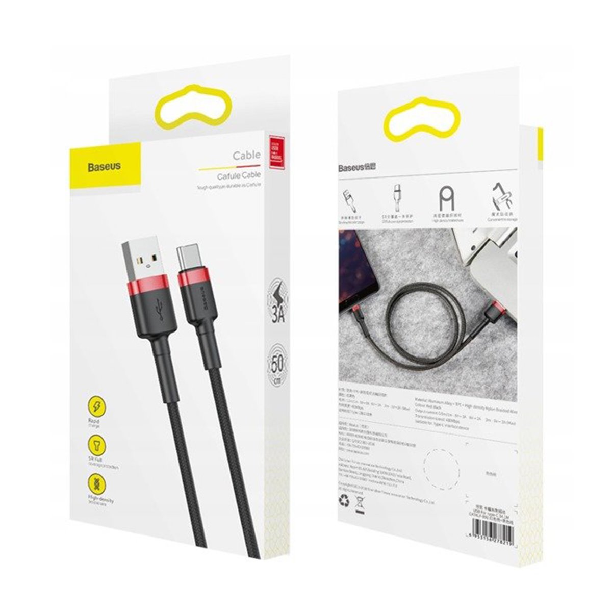 Baseus - Câble de données Cafule (CATKLF-DG1) - USB vers Type-C, charge rapide, 3 A, 480 Mbps, 0,5 m - Gris / Noir