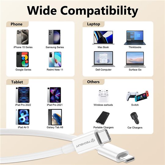 Techsuit - Câble de données (PCB130) - Type-C vers Type-C, charge rapide, 60 W, 480 Mbps, alliage d'aluminium, 1 m - Blanc