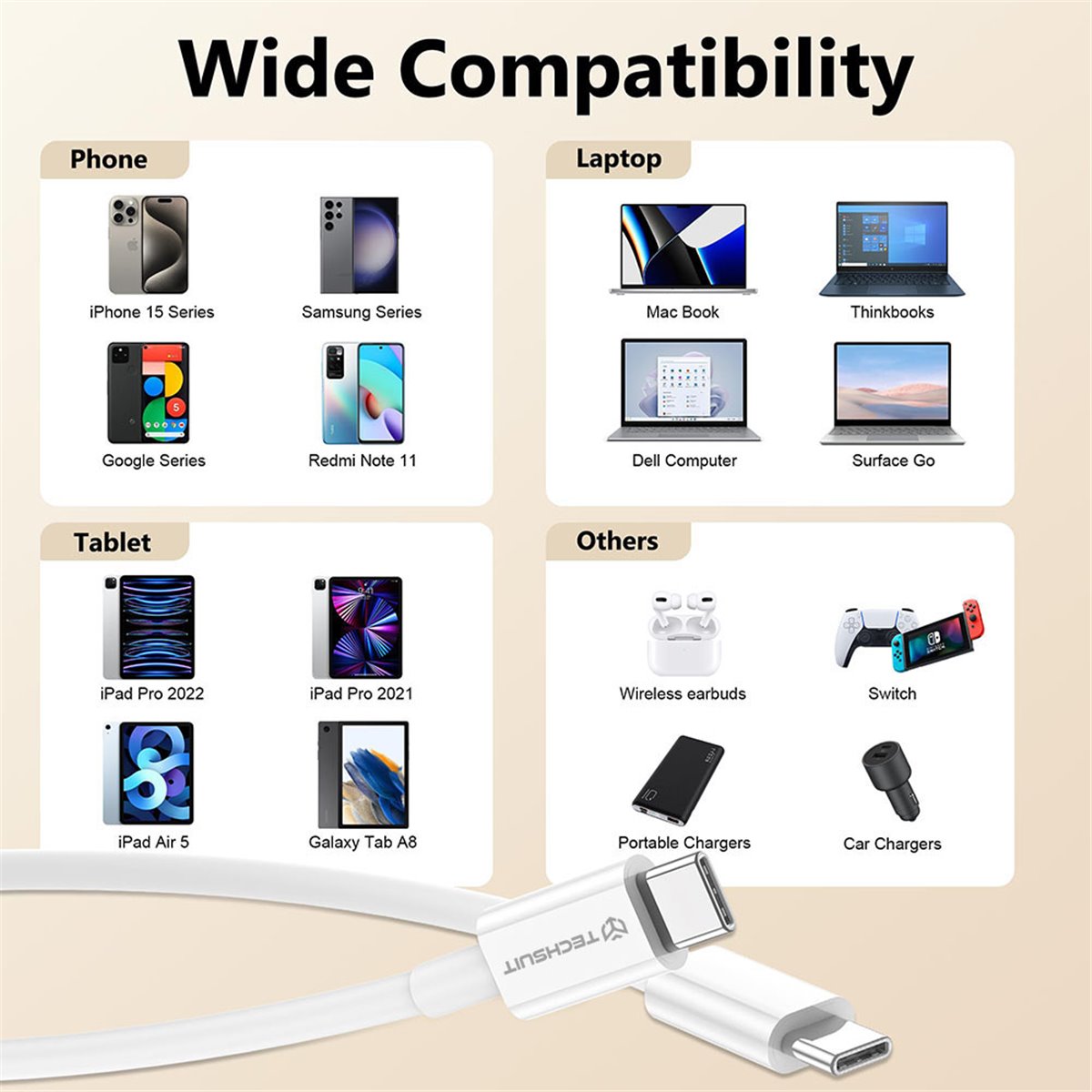 Techsuit - Câble de données (PCB130) - Type-C vers Type-C, charge rapide, 60 W, 480 Mbps, alliage d'aluminium, 1 m - Blanc