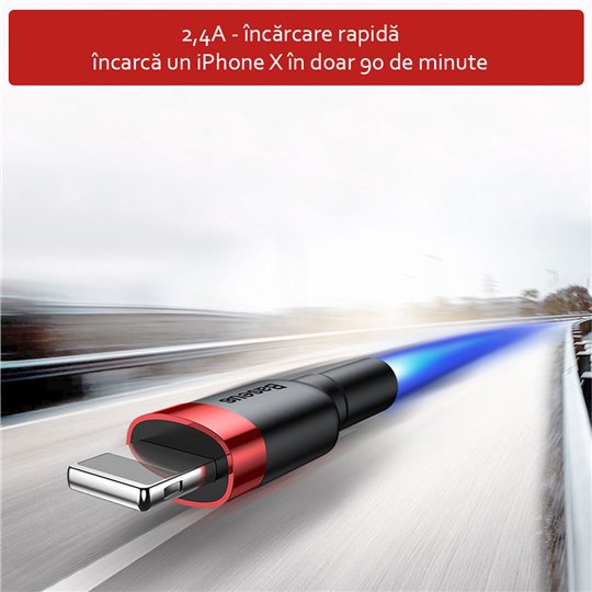 Baseus - Câble de données Cafule (CALKLF-A19) - USB vers Lightning, 2,4 A, 480 Mbps, 0,5 m - Rouge / Noir